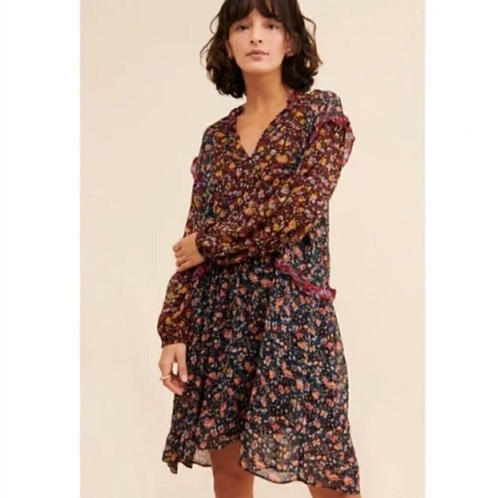 Anthropologie Helene Tunic Dress XS Sheer Waist Drop Black Floral Ruffle Chiffon